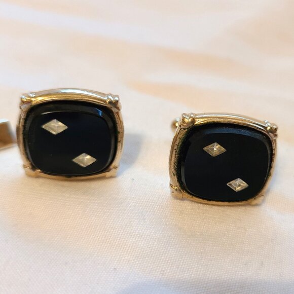 Gold Tone Black Onyx Diamond Tie Tack Clasp Cufflinks Men's Accessories Set - Picture 8 of 8
